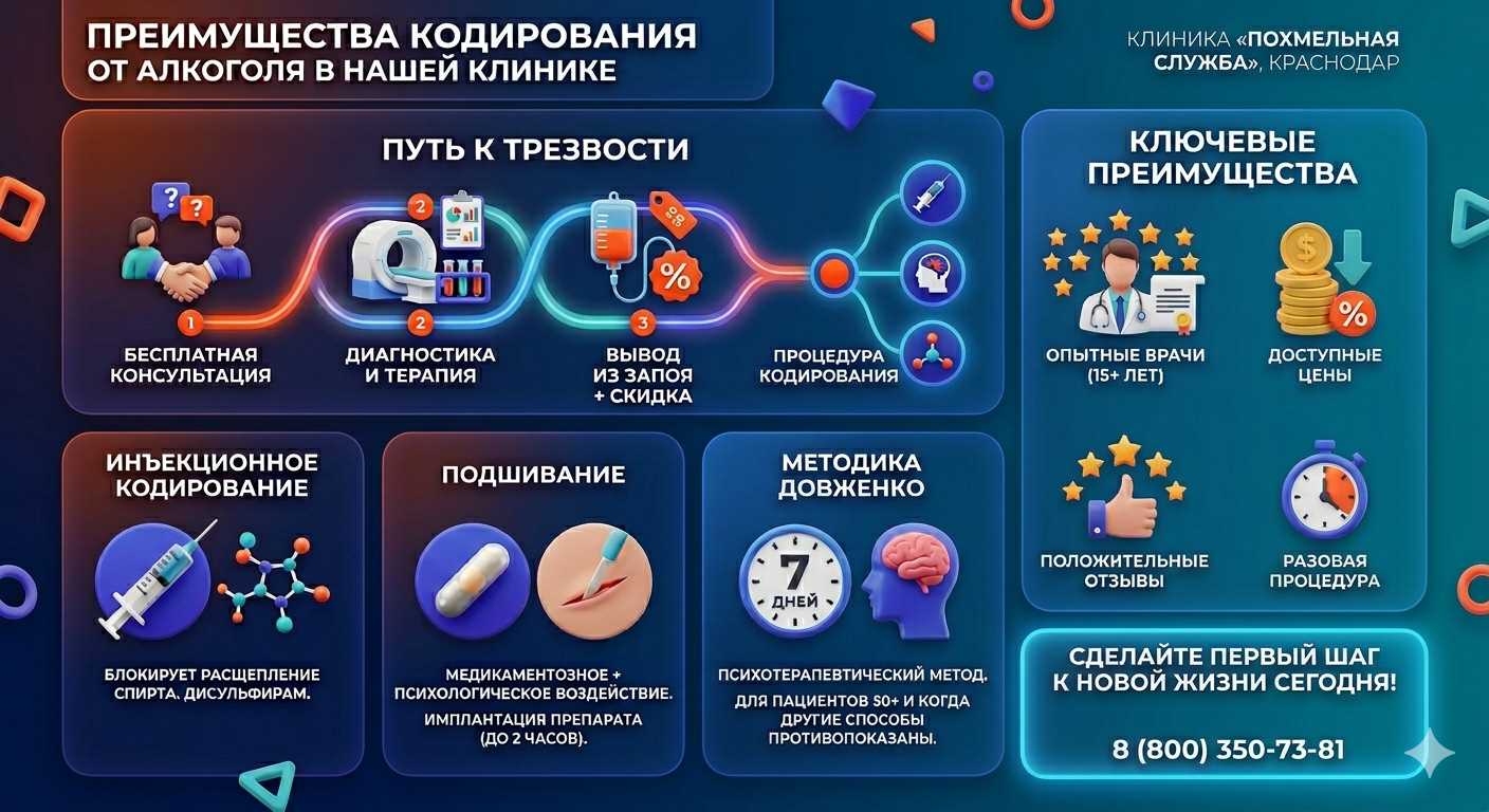 Инфографика о методах кодирования от алкоголя в Веневе: инъекции, подшивание, метод Довженко. Преимущества клиники и этапы лечения.